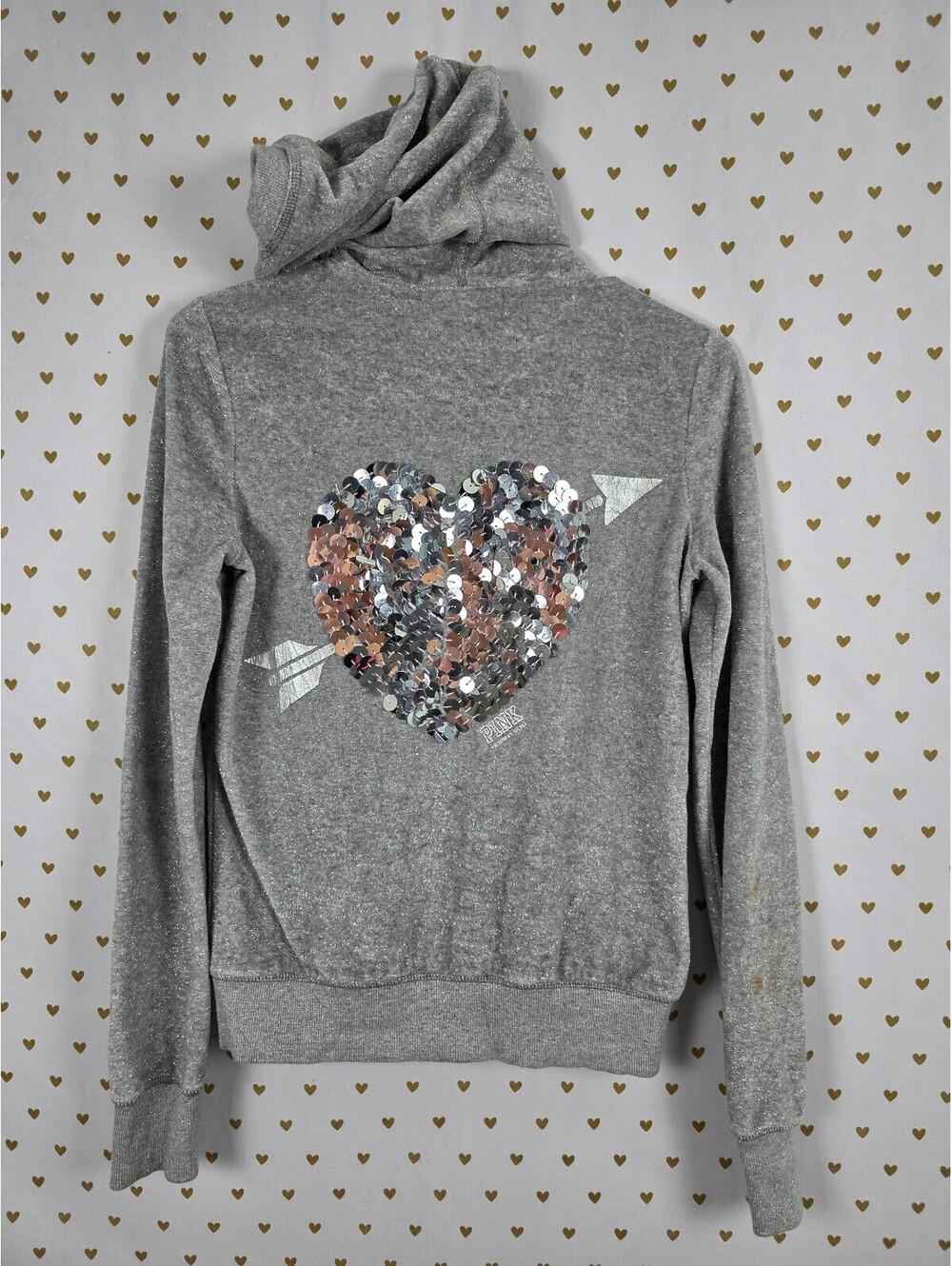 Victorias Secret Pink Bling Thread Full zip Heart Sequined Hoodie Jacket XS